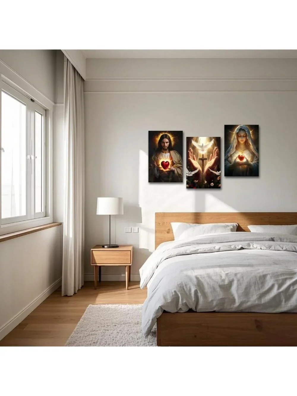 Sacred Heart Jesus & Mary Wall Art Set - 3 Canvas Prints for Christian Decor